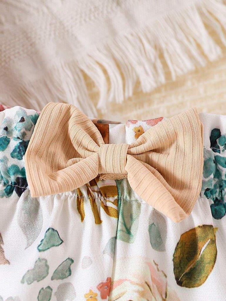 Baby Ribbed Bodysuit And Floral Shorts Set Apricot