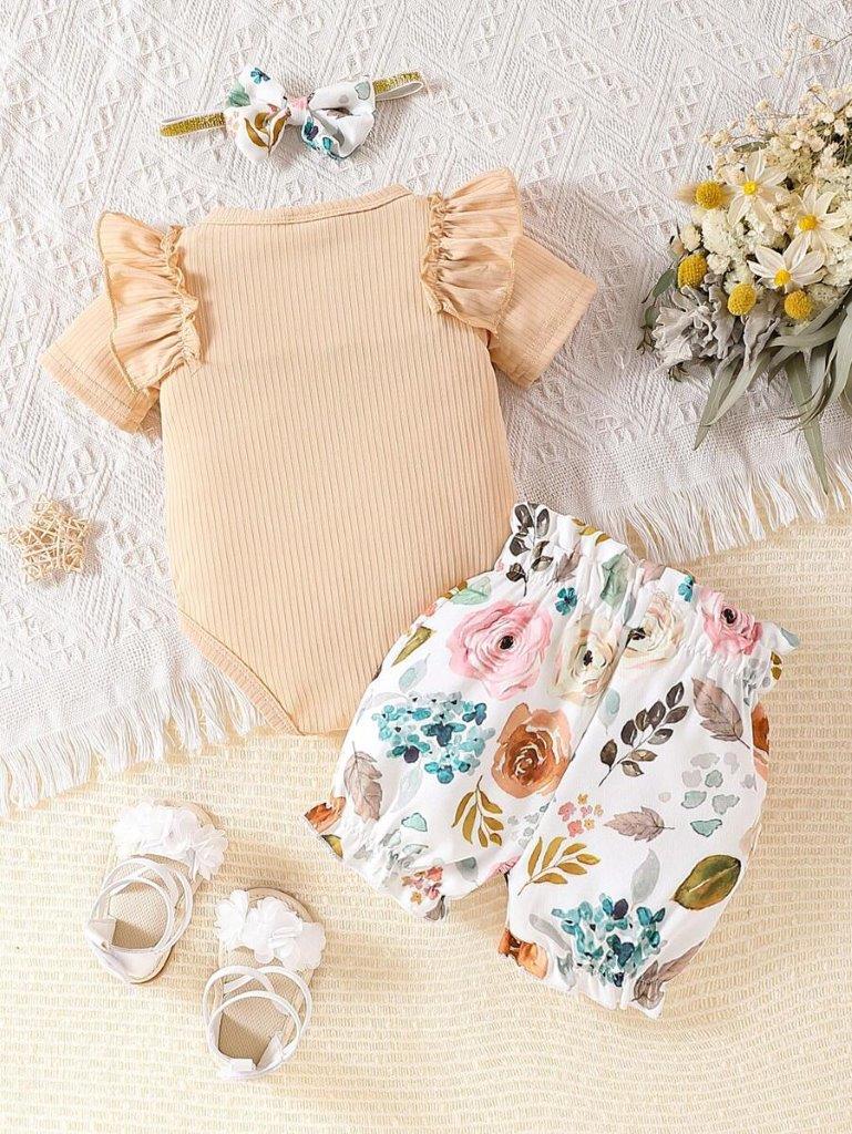 Baby Ribbed Bodysuit And Floral Shorts Set Apricot
