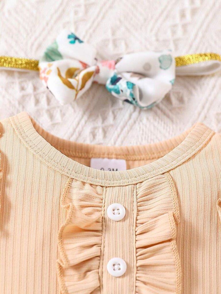 Baby Ribbed Bodysuit And Floral Shorts Set Apricot