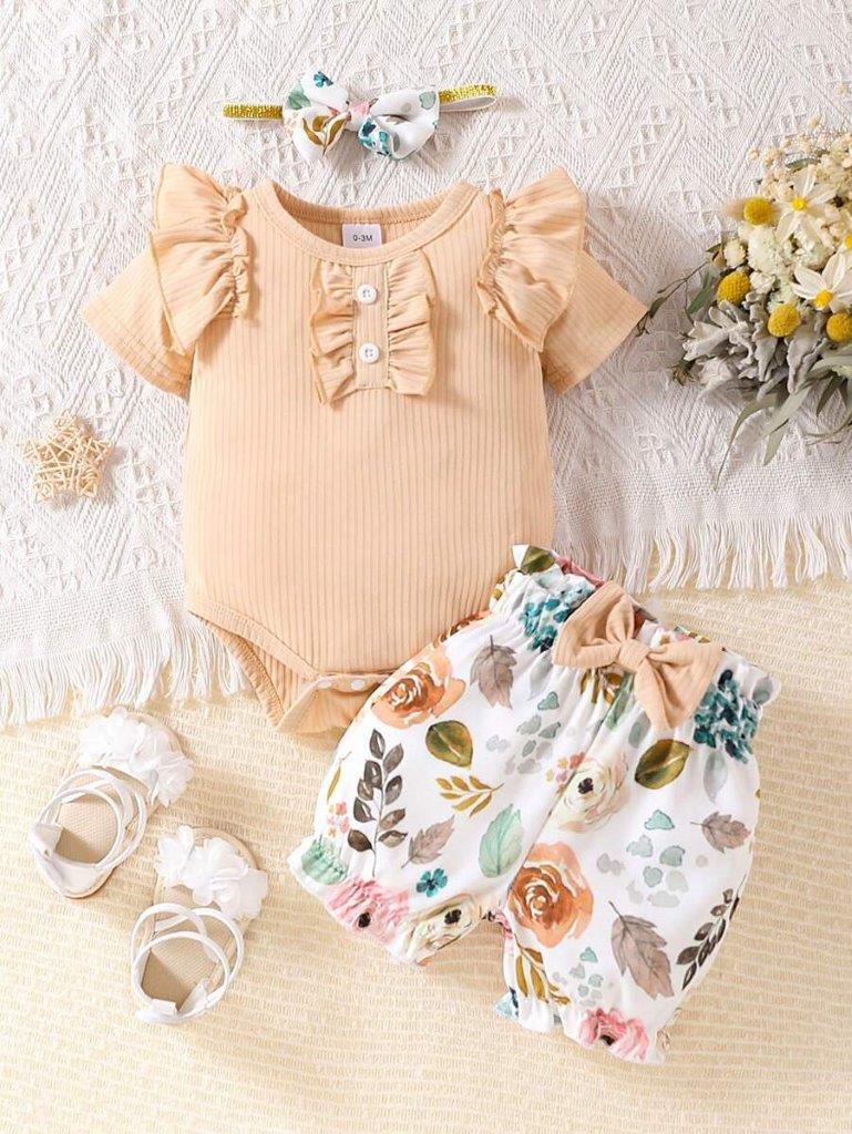 Baby Ribbed Bodysuit And Floral Shorts Set Apricot