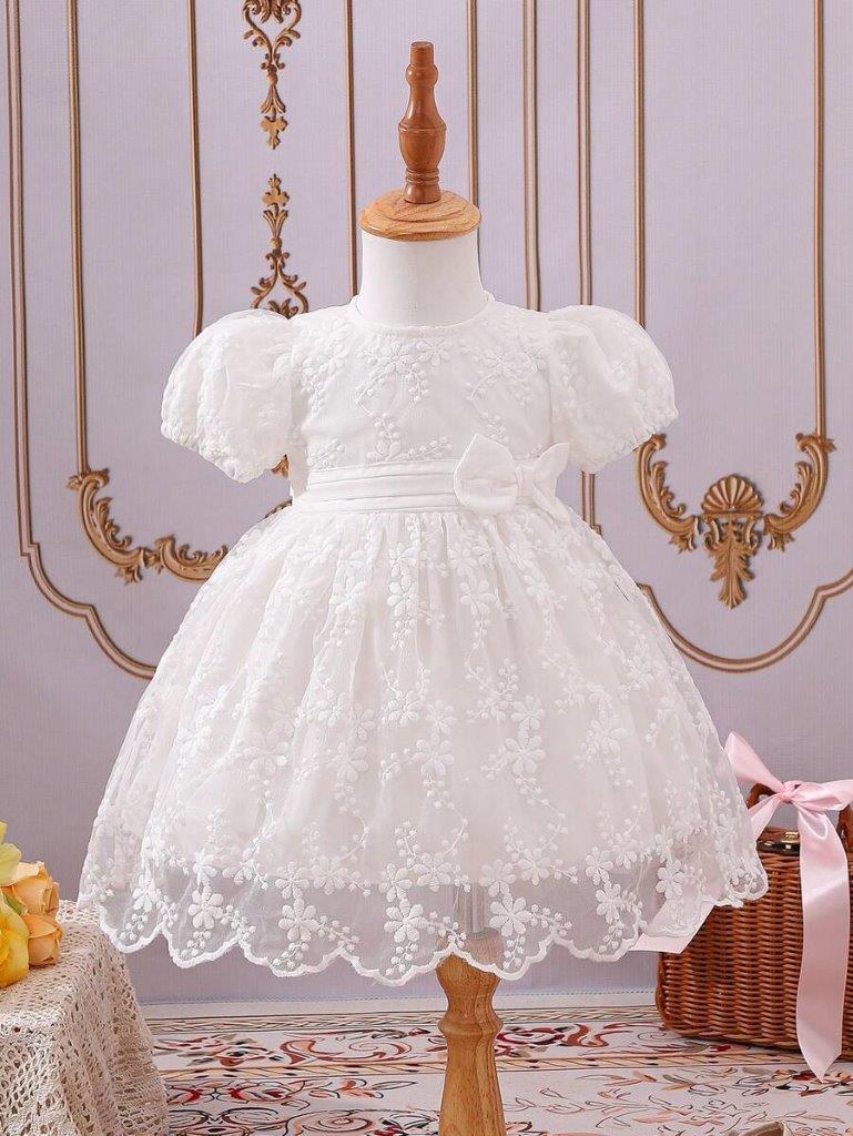Baby White Side Bow Embroidery Dress