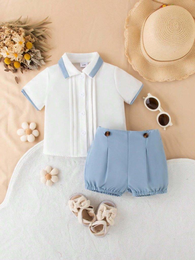 Baby Pleated Shirt With Shorts Outfit Blue
