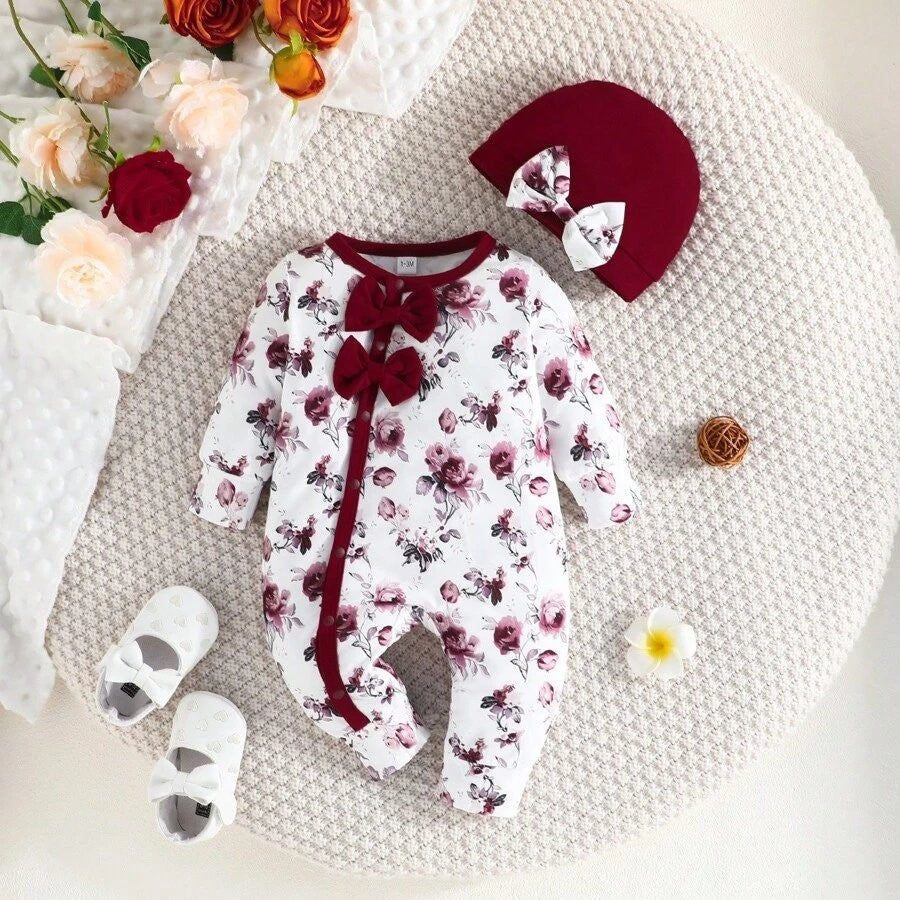 Baby 2 Piece Floral Print Bow Jumpsuit Burgundy