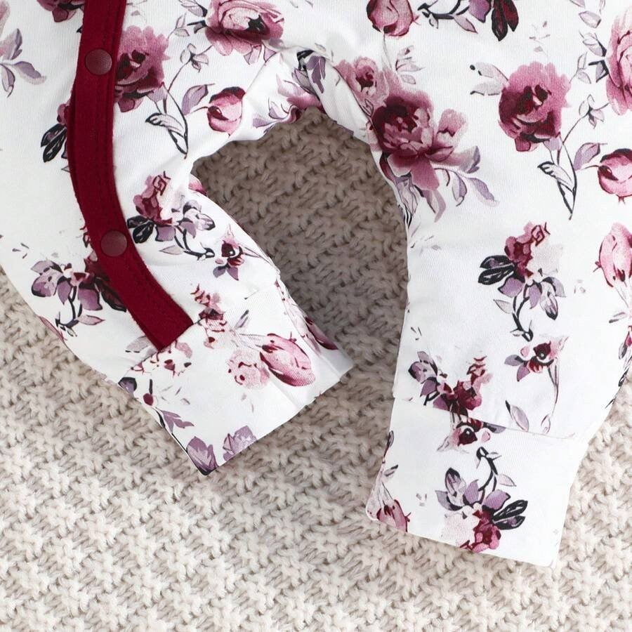 Baby 2 Piece Floral Print Bow Jumpsuit Burgundy
