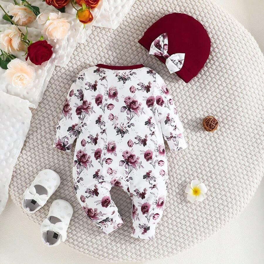 Baby 2 Piece Floral Print Bow Jumpsuit Burgundy