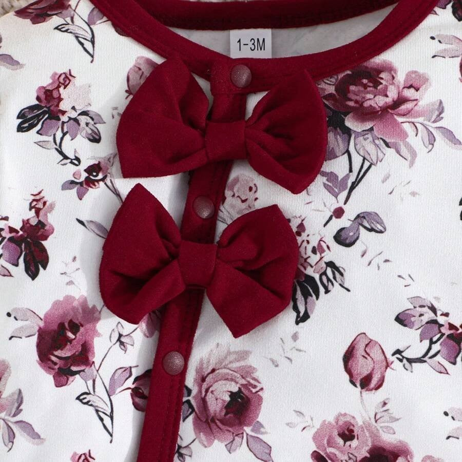 Baby 2 Piece Floral Print Bow Jumpsuit Burgundy