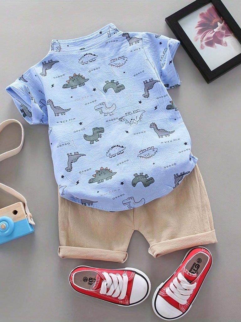 Baby Dino Print Shirt And Shorts Set Blue