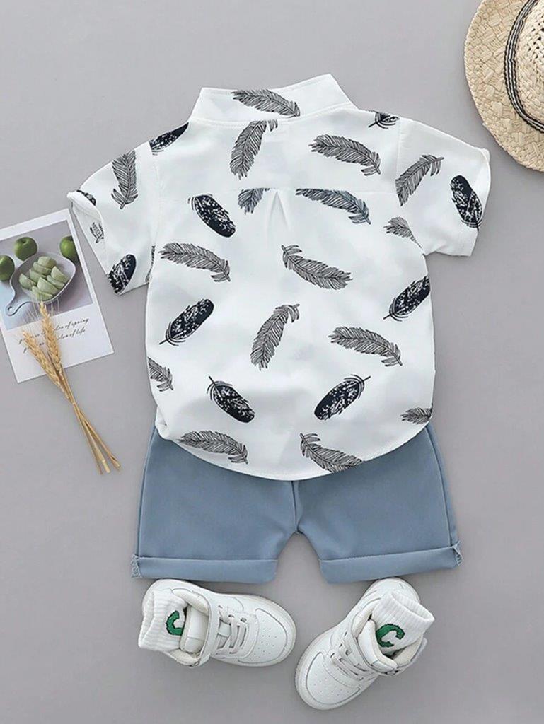 Baby Feather Print Shirt And Shorts Set