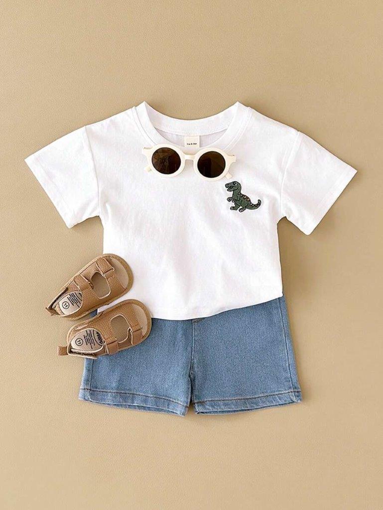 Baby White Dino Tee And Denim Shorts Set