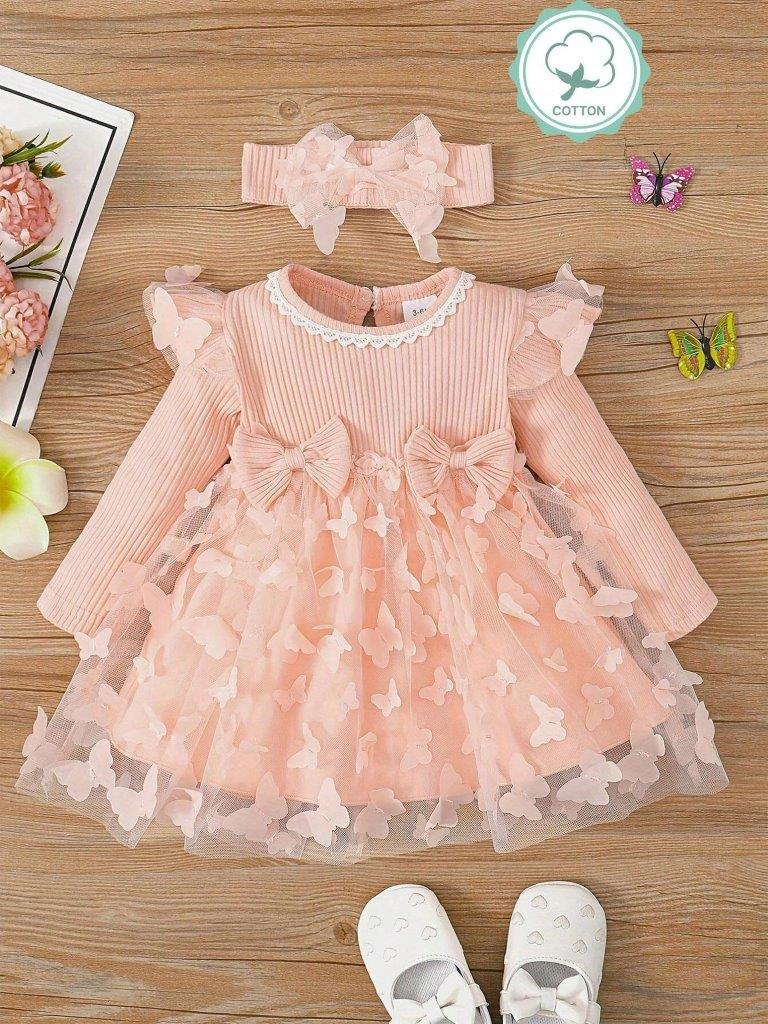 Baby Pink Double Bow 3D Butterfly Dress