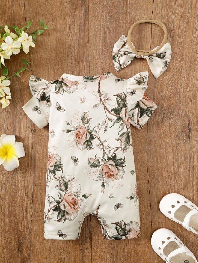 Baby Ruffle Trim Flower Romper Set