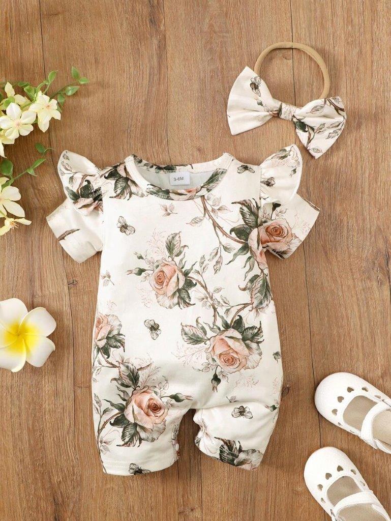 Baby Ruffle Trim Flower Romper Set