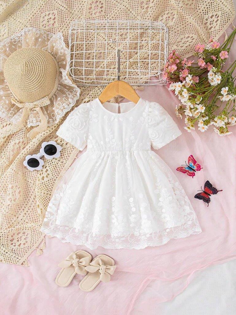 Baby White Elegant Flower Pattern Dress