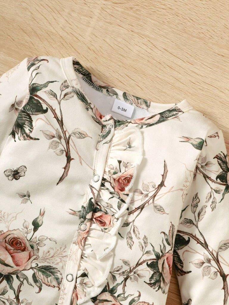 Baby Flower Printed Jumpsuit And Headband Set
