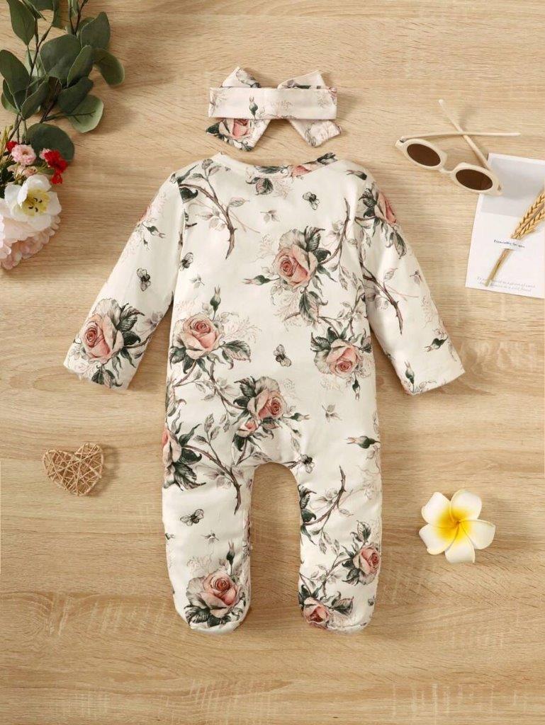 Baby Flower Printed Jumpsuit And Headband Set