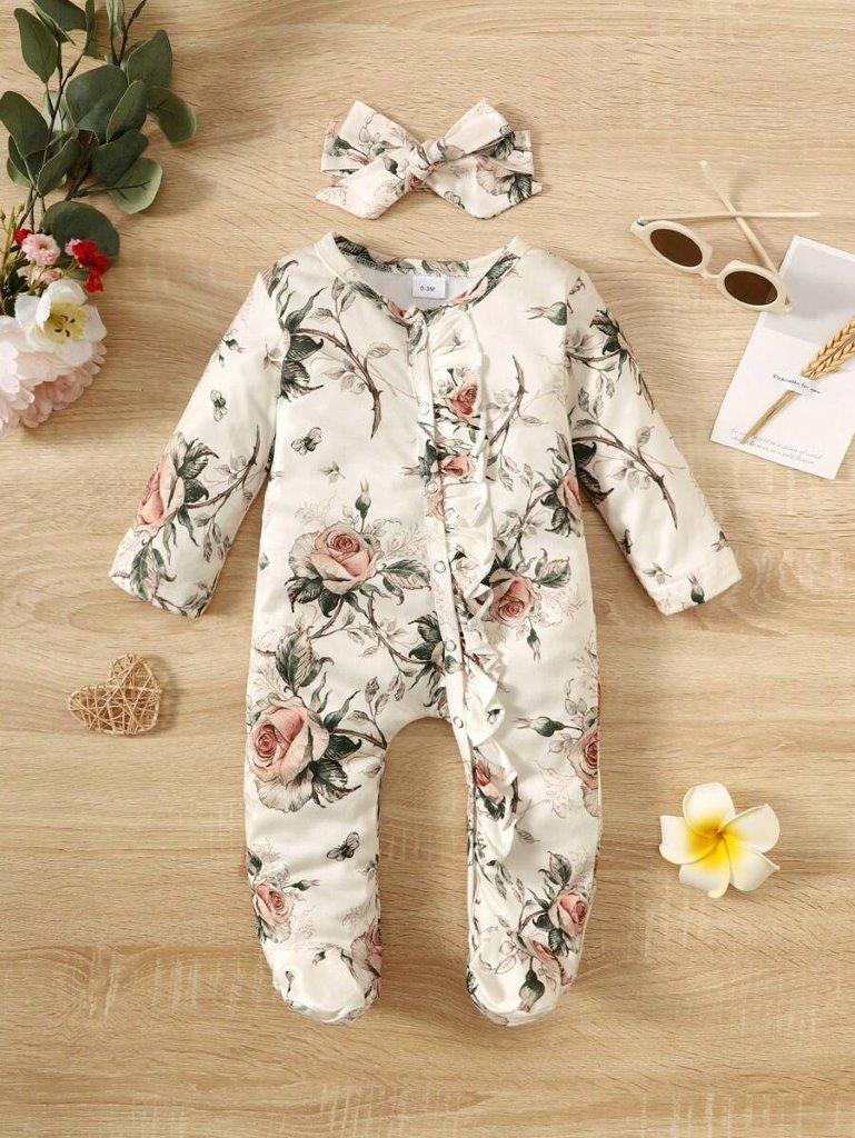 Baby Flower Printed Jumpsuit And Headband Set