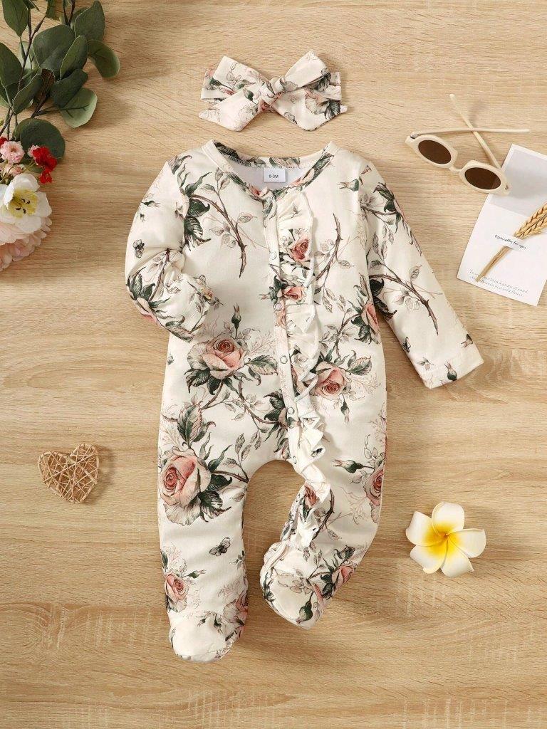 Baby Flower Printed Jumpsuit And Headband Set