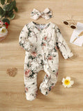 Baby Flower Printed Jumpsuit And Headband Set
