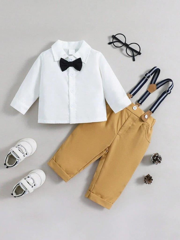 Baby 3 Piece Bow Tie Shirt And Pants Khaki