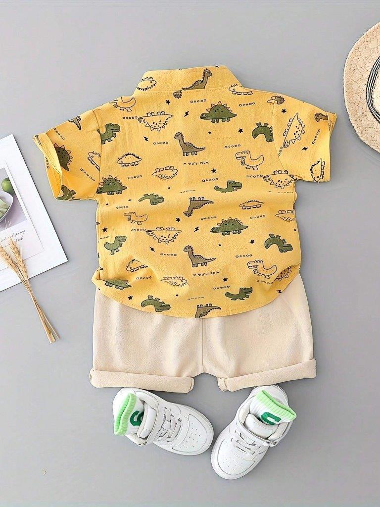 Baby Dino Print Shirt And Shorts Set Yelllow