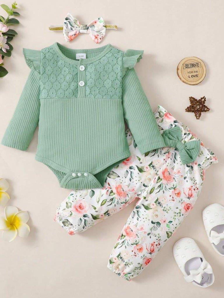 Baby Lace Trim Bodysuit And Floral Pants Set