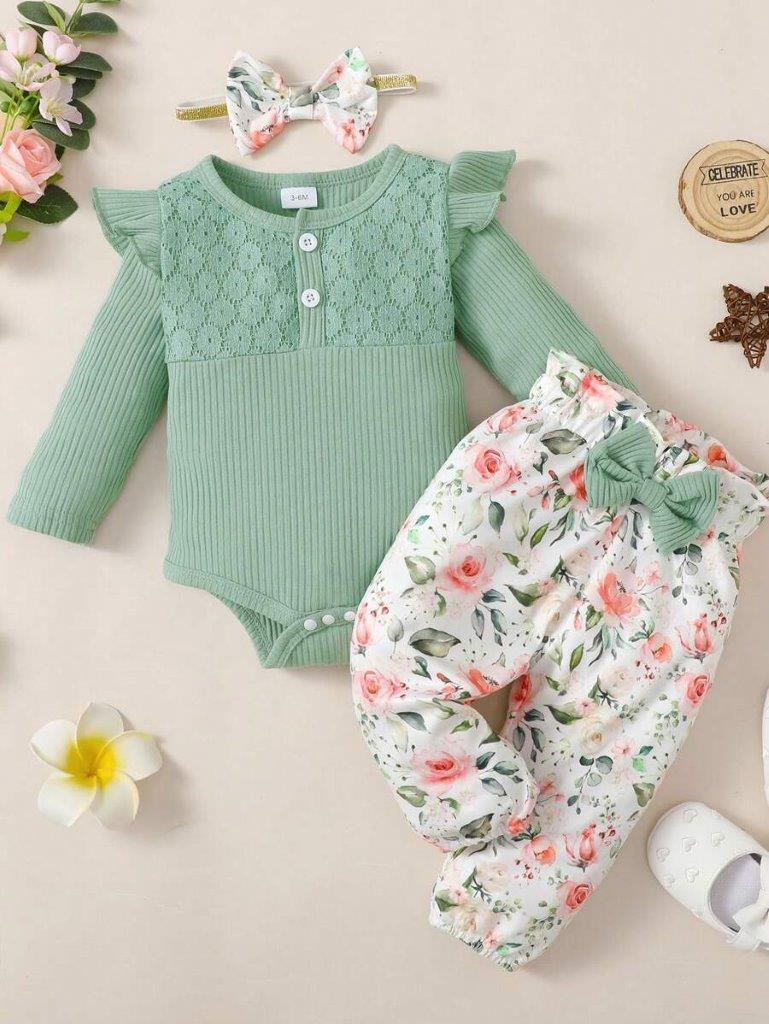 Baby Lace Trim Bodysuit And Floral Pants Set