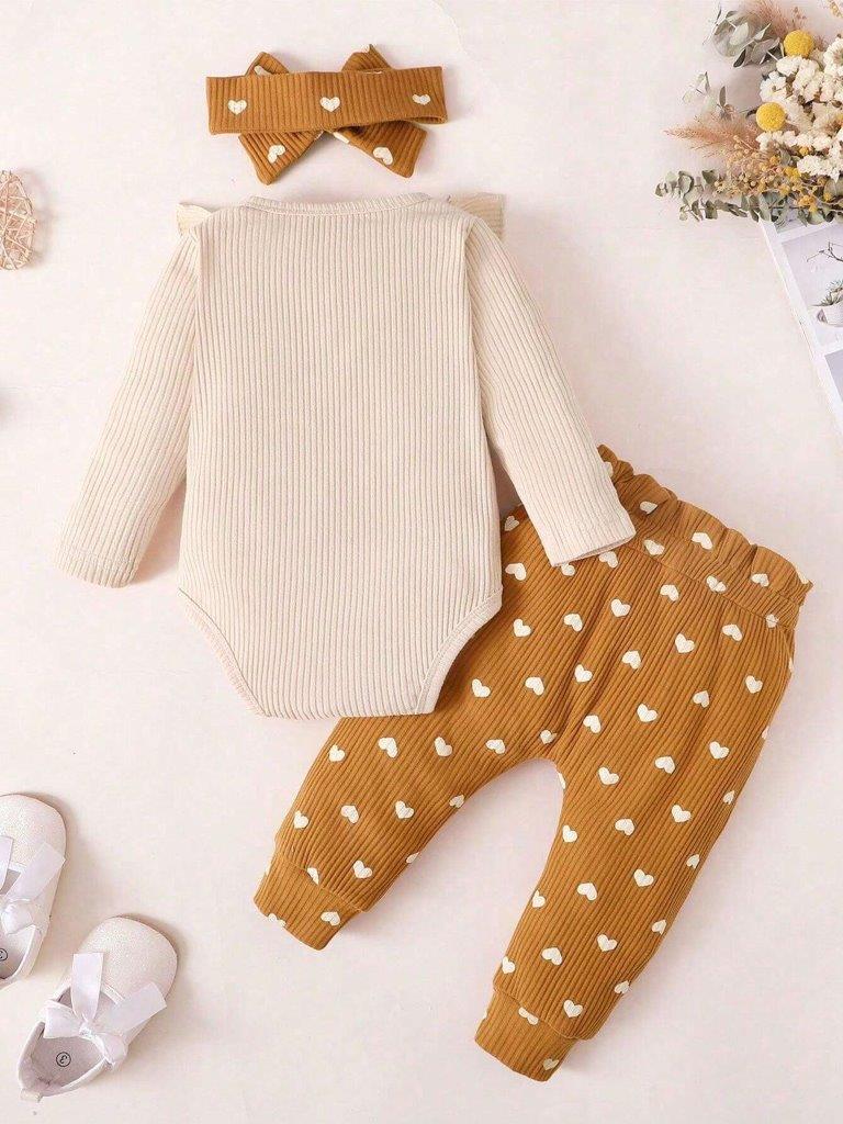 Baby Button Ribbed Bodysuit With Heart Pants Set