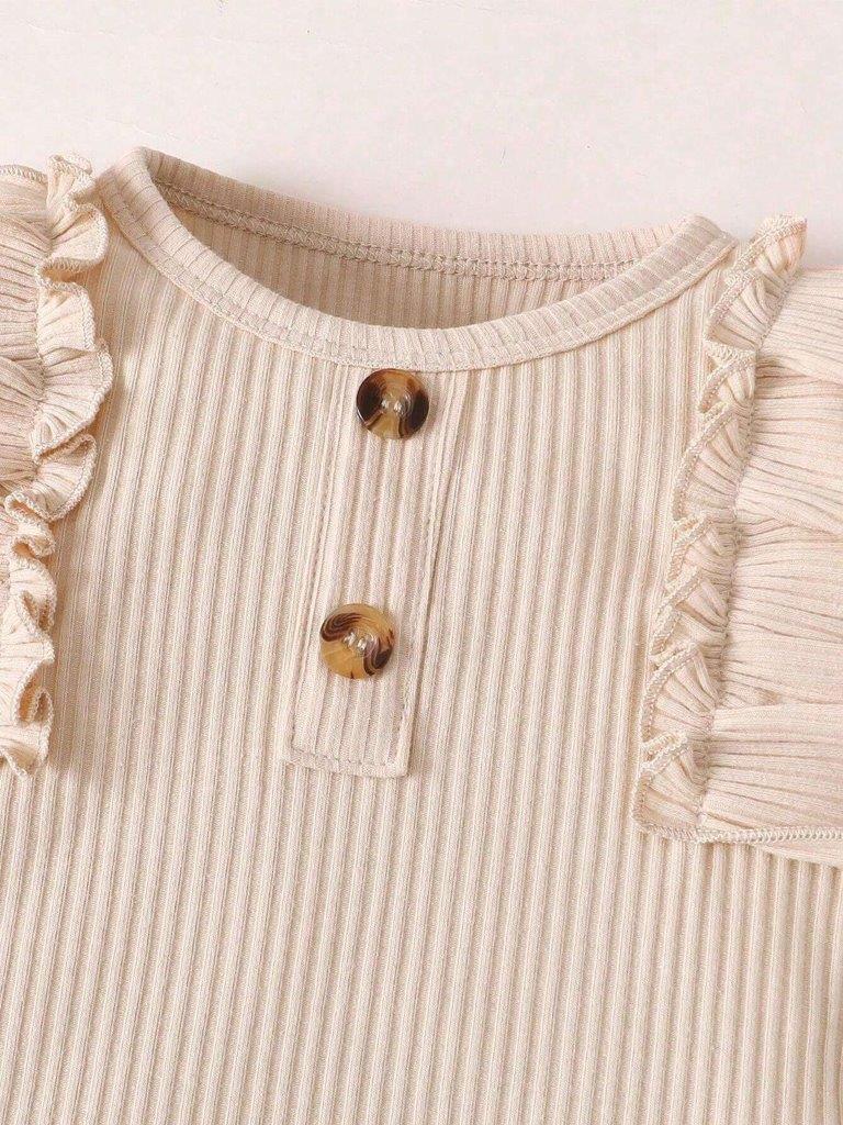 Baby Button Ribbed Bodysuit With Heart Pants Set