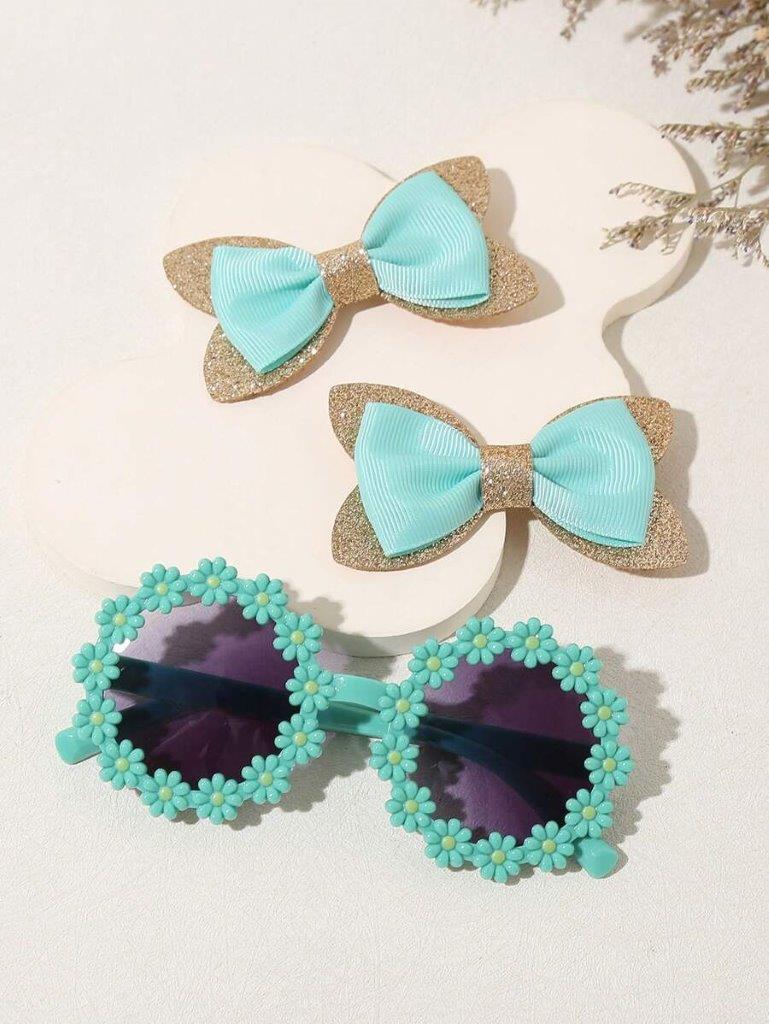 Kids Daisy Sunglasses With Hair Clips Green