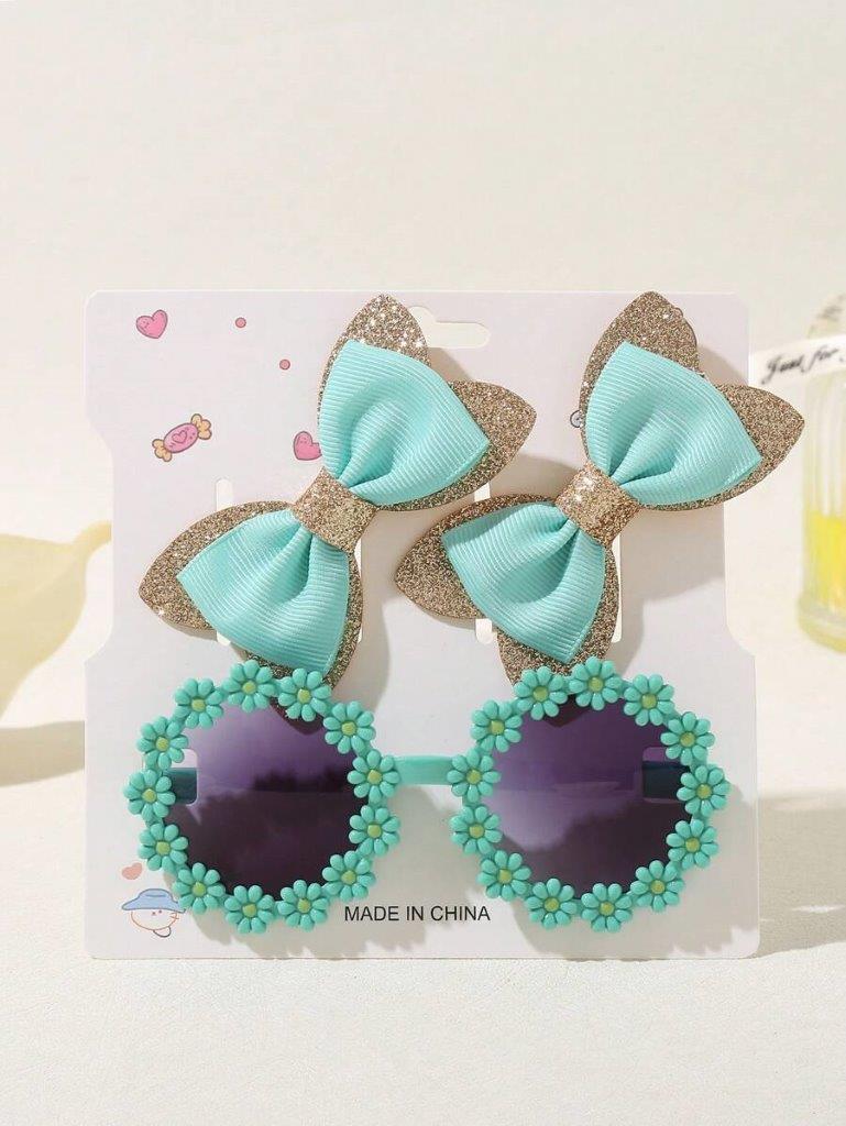 Kids Daisy Sunglasses With Hair Clips Green