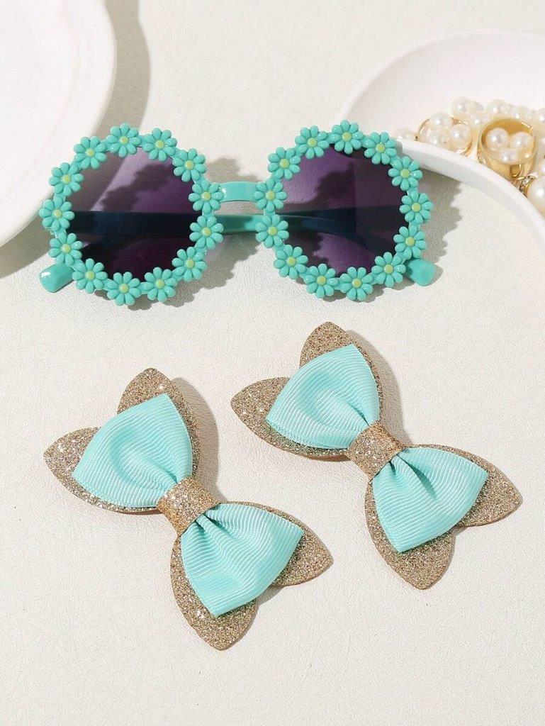 Kids Daisy Sunglasses With Hair Clips Green