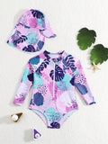 Baby Leaf Pattern Swimming Costume With Hat