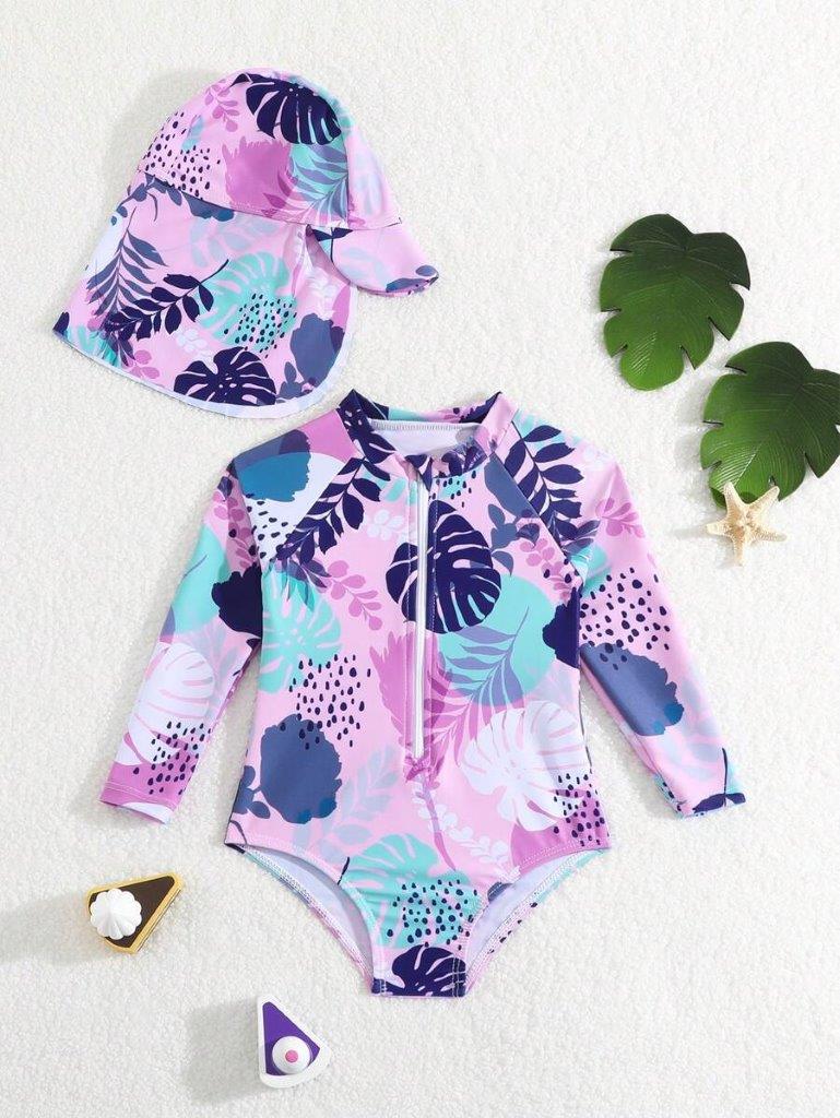 Baby Leaf Pattern Swimming Costume With Hat