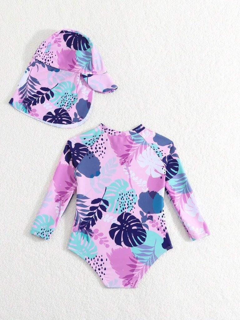 Baby Leaf Pattern Swimming Costume With Hat