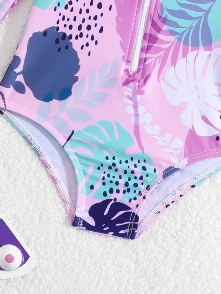 Baby Leaf Pattern Swimming Costume With Hat