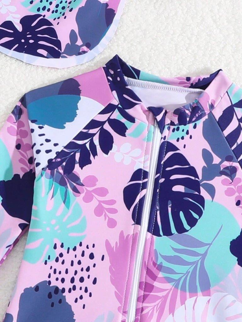 Baby Leaf Pattern Swimming Costume With Hat