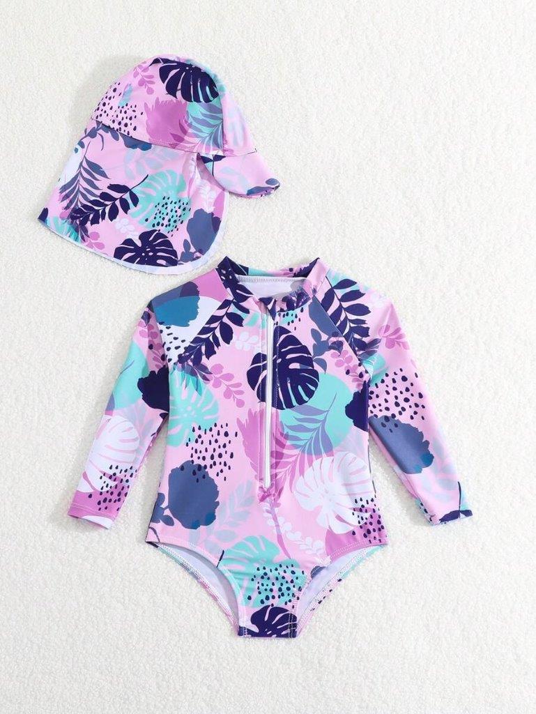 Baby Leaf Pattern Swimming Costume With Hat
