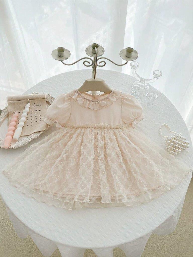 Baby Beige Frilled Neck Embroidery Dress