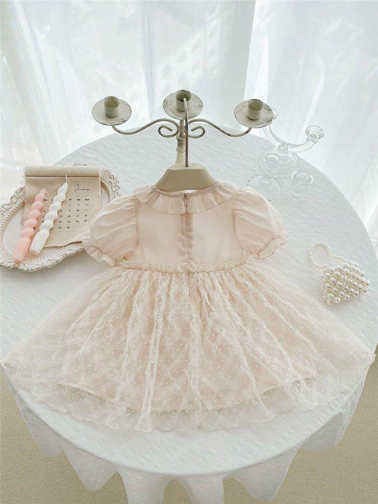 Baby Beige Frilled Neck Embroidery Dress