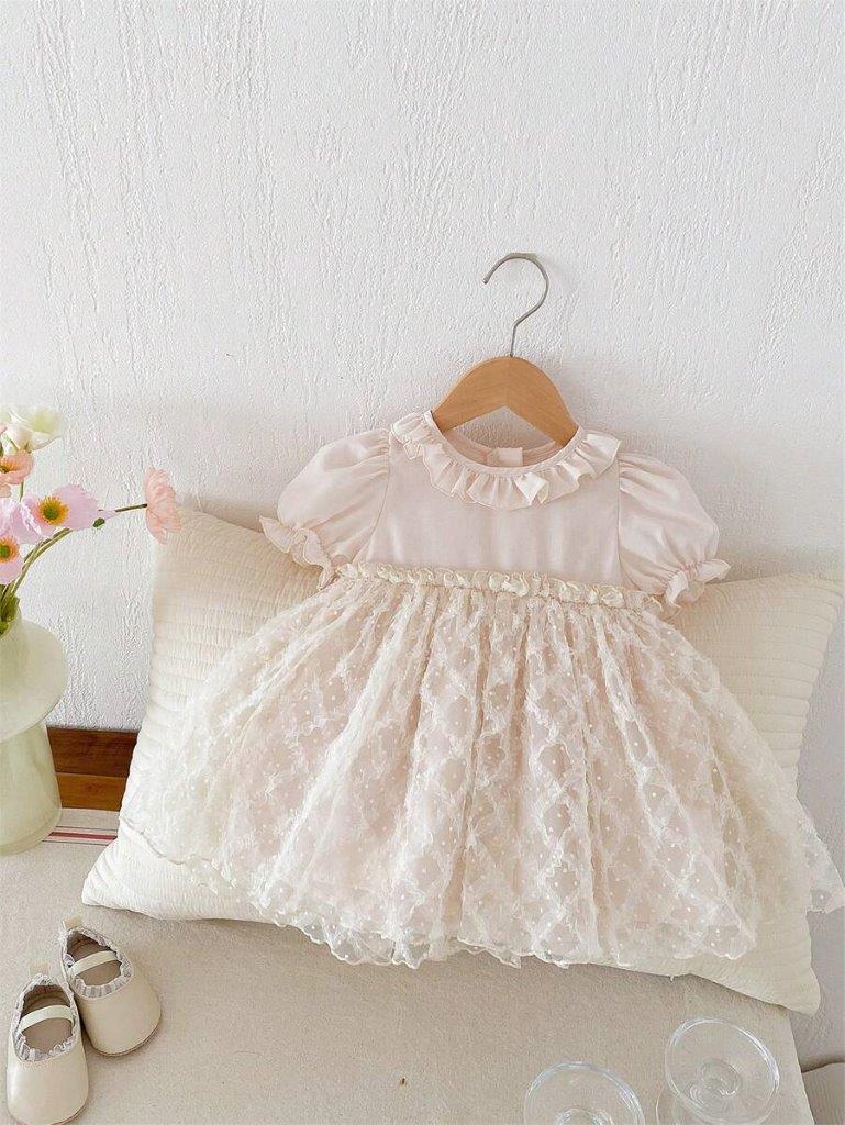 Baby Beige Frilled Neck Embroidery Dress