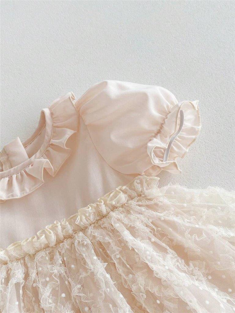 Baby Beige Frilled Neck Embroidery Dress