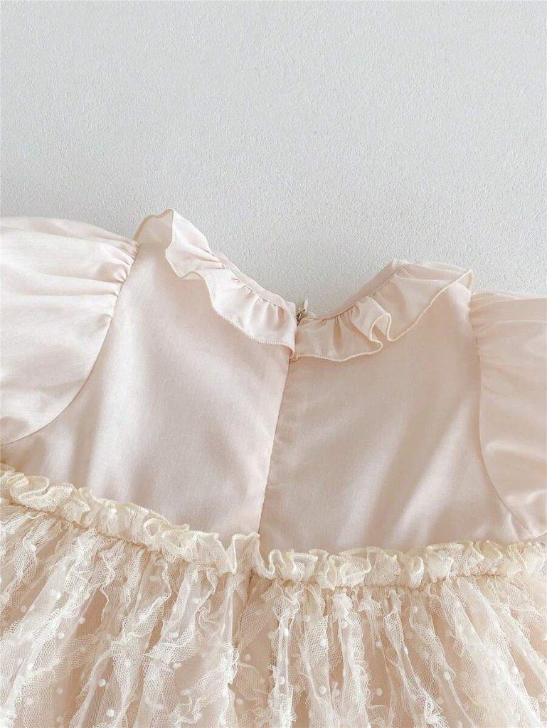 Baby Beige Frilled Neck Embroidery Dress