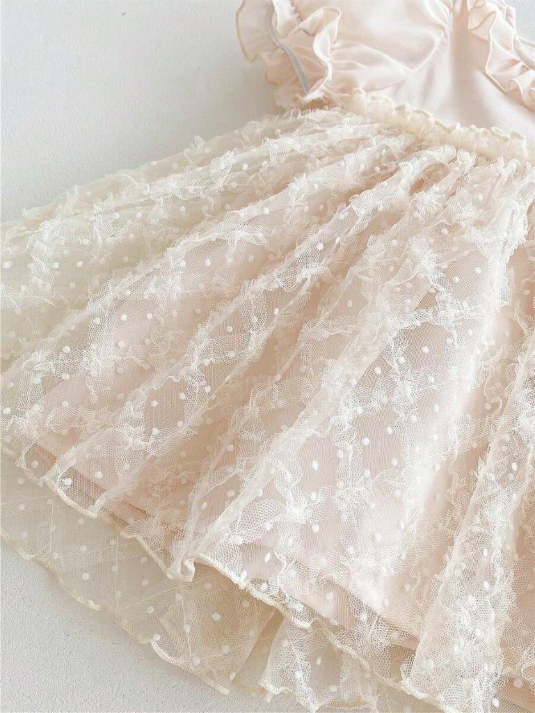 Baby Beige Frilled Neck Embroidery Dress