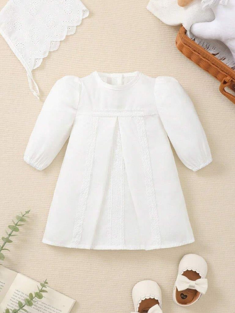Baby White Elegant Puff Sleeve Dress With Hat