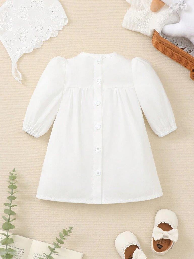 Baby White Elegant Puff Sleeve Dress With Hat