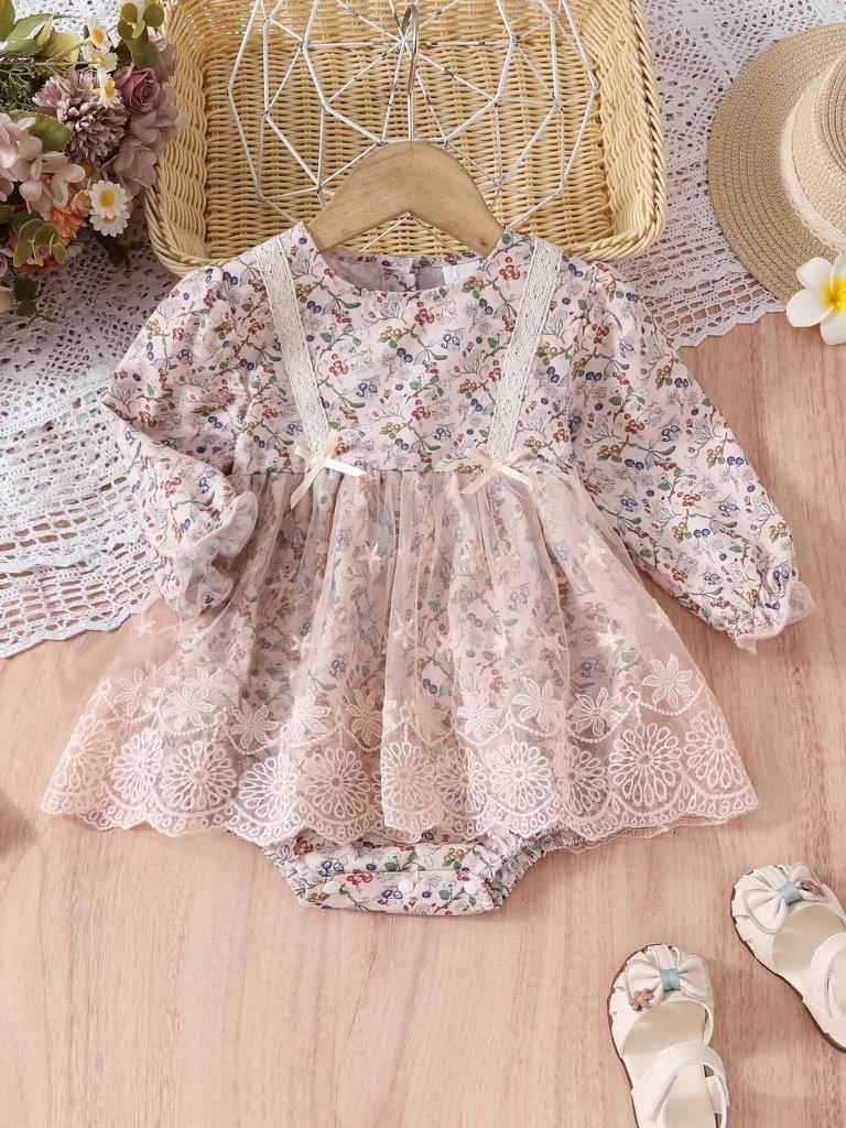 Baby Floral Double Bow Bodysuit Dress