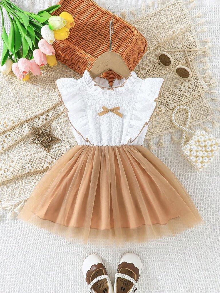 Baby Khaki Frilled Neck Mesh Dress