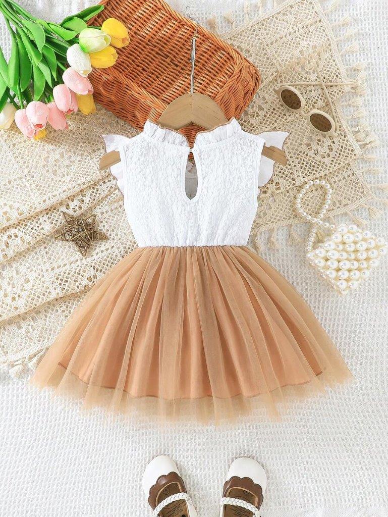 Baby Khaki Frilled Neck Mesh Dress