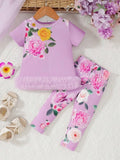 Baby Purple Flower Print Tee And Pants Set