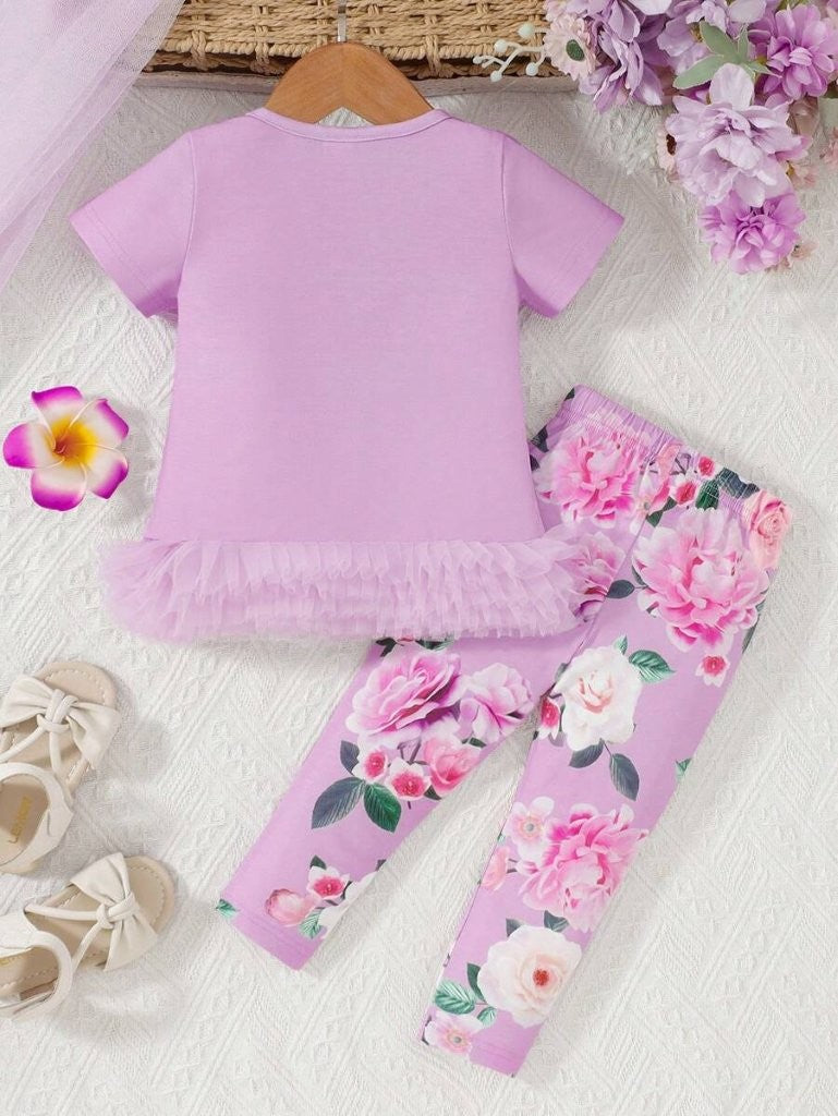 Baby Purple Flower Print Tee And Pants Set
